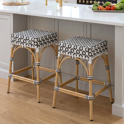Coastal PE Woven Bar Stools - Indoor/Outdoor Boho Stools With Footrest - Tri-Color Block Patterns