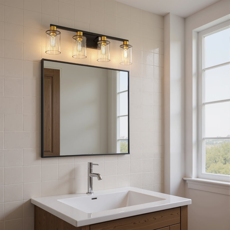 4 - Light Industrial Bathroom Vanity Light, Matte Black/Gold, 4 Lights, 8.6" H x 27.72" W x 5.3" D