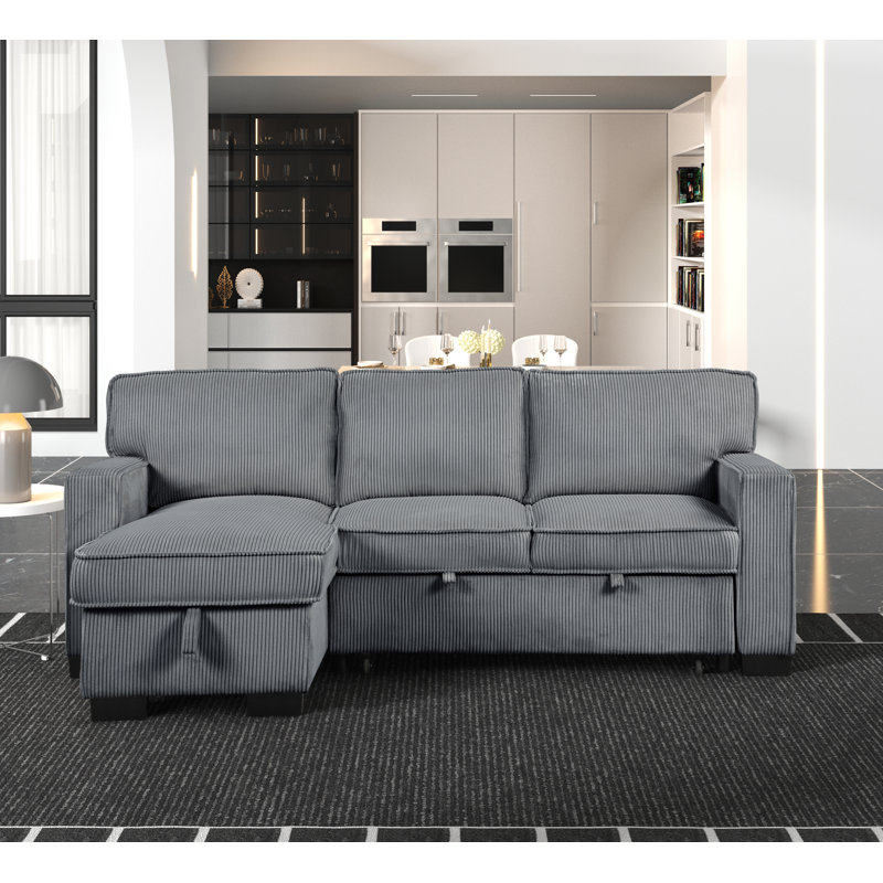 Clifford ariz Upholstered Corduroy Pull Out Reversible Sleeper Sofa bed & Storage Chaise, Gray Corduroy