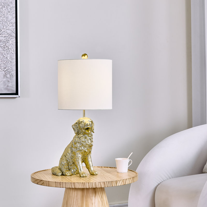Lampe de table Golden Retriever 24,75 "avec abat-jour doré, Doré, Blanc
