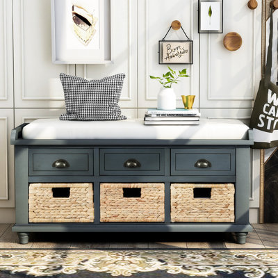 Fluker Rustic Storage Bench with 3 Drawers and 3 Rattan Baskets, Shoe Bench for Living Room, Entryway