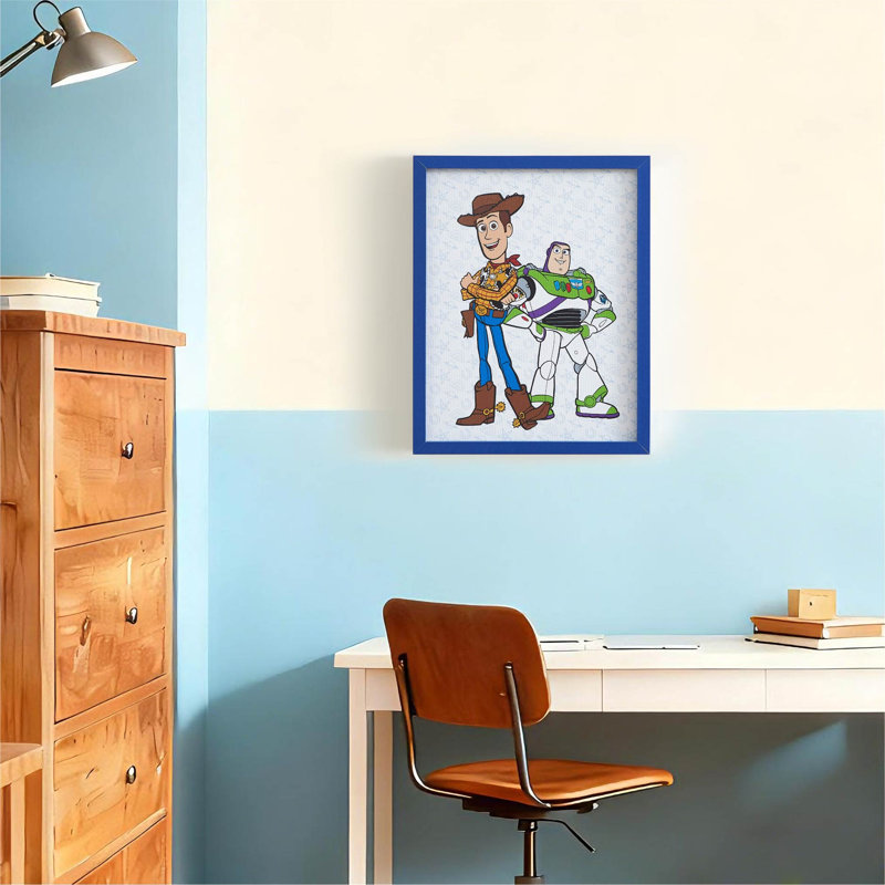 Disney Toy Story Woody & Buzz Lightyear Framed Wall Art for Kids Room, Colorful Cartoon Canvas Print with Blue Frame, Decor for Boys Bedroom, Playroom, Nursery Wall Hanging
