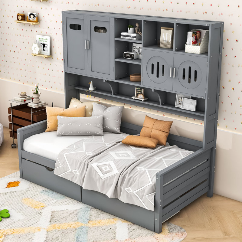 2 Drawers Wood Daybed with Shelves, Grey, Twin