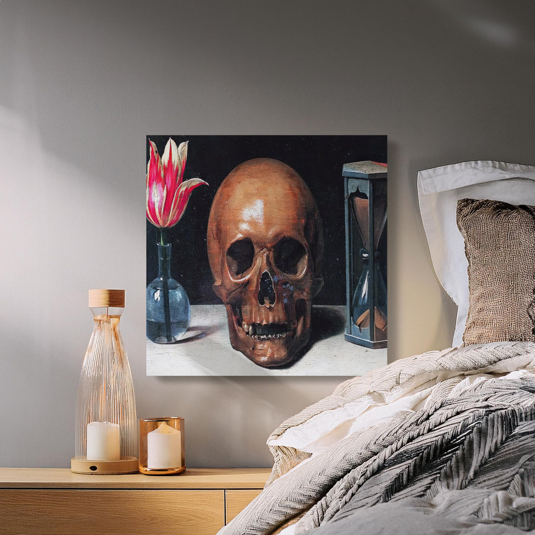 Vanitas Canvas Wall Art, Skull Tulip Hourglass Print, Gallery Wrapped, Ready to Hang, Gothic Decor, Archival Quality