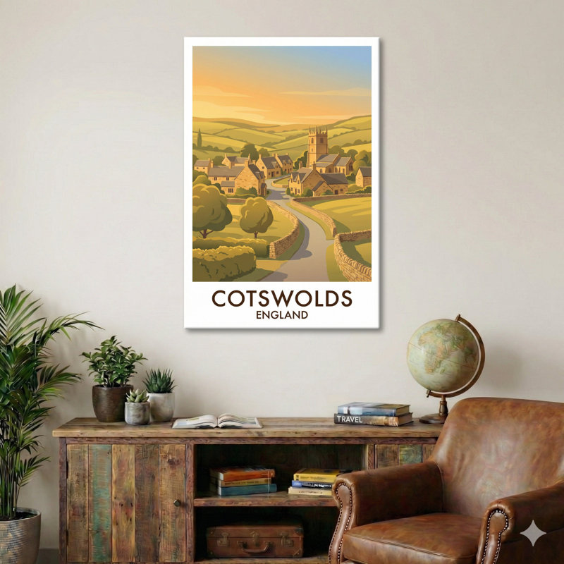 Cotswolds, England - Romantic Travel Poster: Honey-stone Villages, Rolling Hills And Golden Lanes. Giclée Print On Wrapped Canvas. Wall Art, Home Decor - Regions & Scenic Areas, England - Wrapped Canvas Print