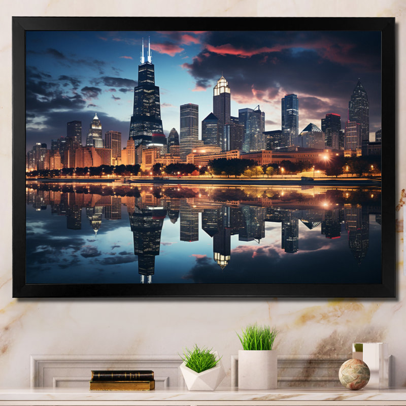 Chicago, beau paysage urbain II - art mural Chicago, Cadre photo unique, H 12 po x l 20 po, Noir