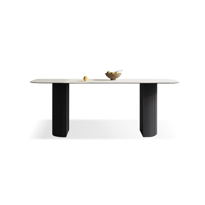 62.99" White+Black Rectangular Stone+Solid Wood Butterfly Leaf Dining Table