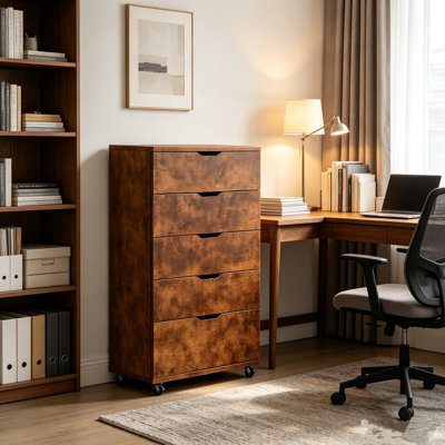 Commode à roulettes rustique à 5 tiroirs avec roulettes, coffre de rangement mobile, armoire de rangement large autoportante pour chambre et garde-robe, l 30,71 po x P 15,75 po x H 44,49 po