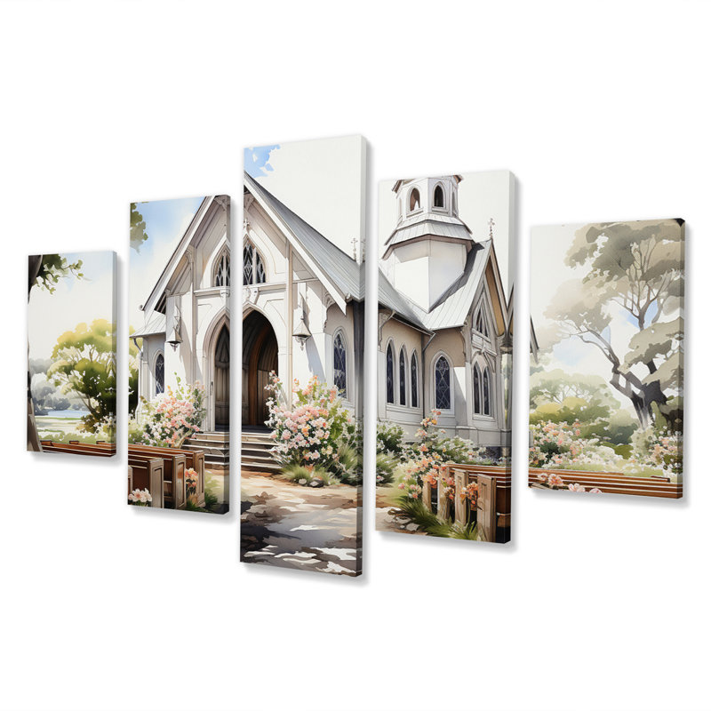 Aquarelle rustique de chapelle de mariage blanc - impression d'art mural paysage romantique - 5 panneaux