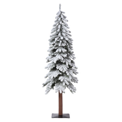 Arbre alpin légèrement floqué - Poteau en bois et lumières à DEL blanc chaud avec minuterie 5 pi
