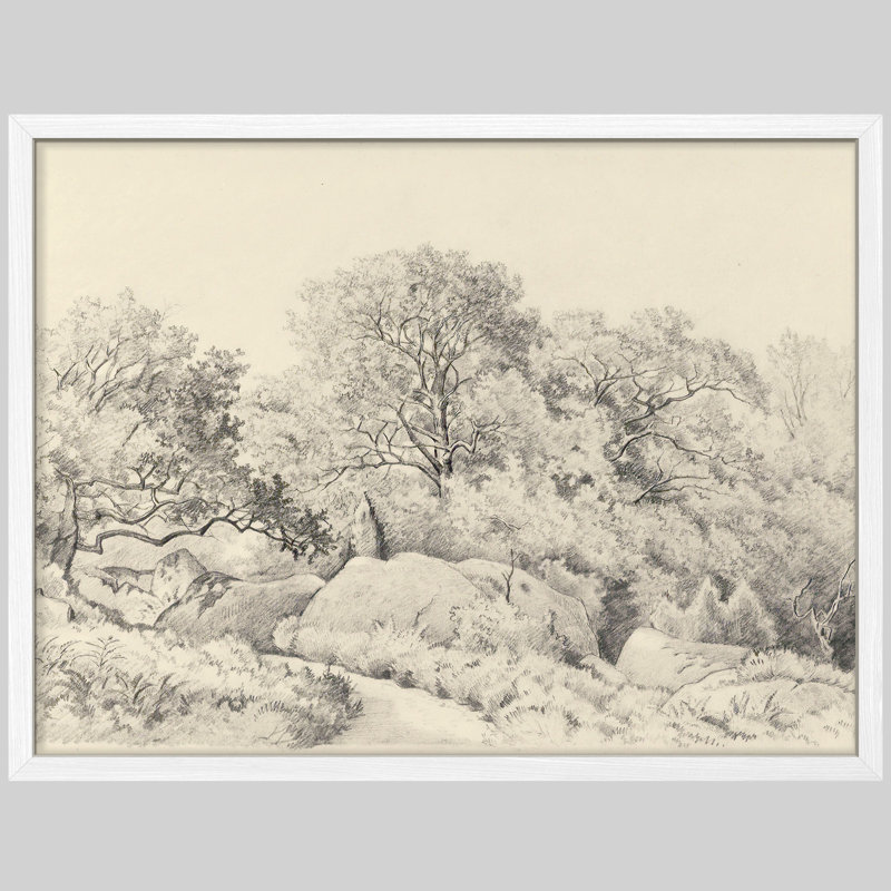 "Croquis au crayon, campagne, arbres, œuvre d'art rustique, affiches encadrées, petit art mural", Blanc, H 12 po x l 16 po
