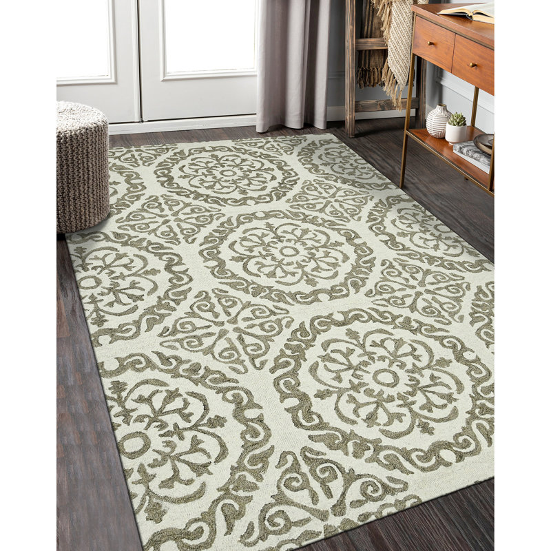 Tapis blanc en laine touffeté à motif géométrique, Rectangle 2 pi x 3 pi