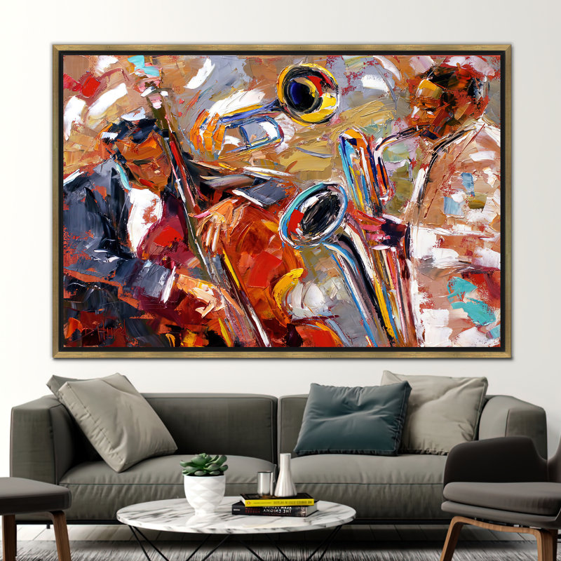Abstract Jazz Music Canvas Art Featuring Saxophone and African American Ethnic Elements, Gold Floater Framed