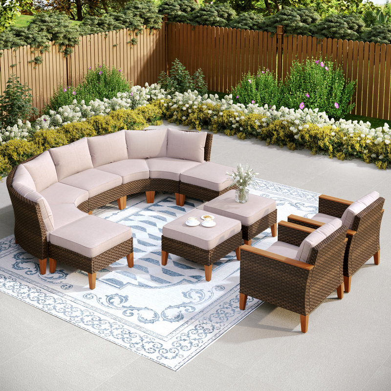 All Weather Wicker/Rattan 11 - Person Seating Group with Cushions, Beige