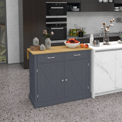 Îlot de cuisine roulant avec barre de petit-déjeuner en bois à abattants, chariot de cuisine de ferme avec 2 tiroirs, tablettes réglables pour la salle à manger, gris foncé