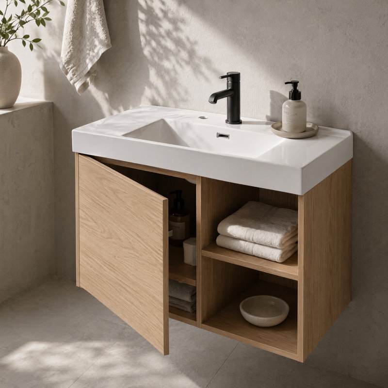 Dessus de meuble-lavabo en résine 60 po seulement, finition chêne blanc américain, comptoir de salle de bain à surface solide avec lavabo intégré pour le remplacement du grand meuble-lavabo
