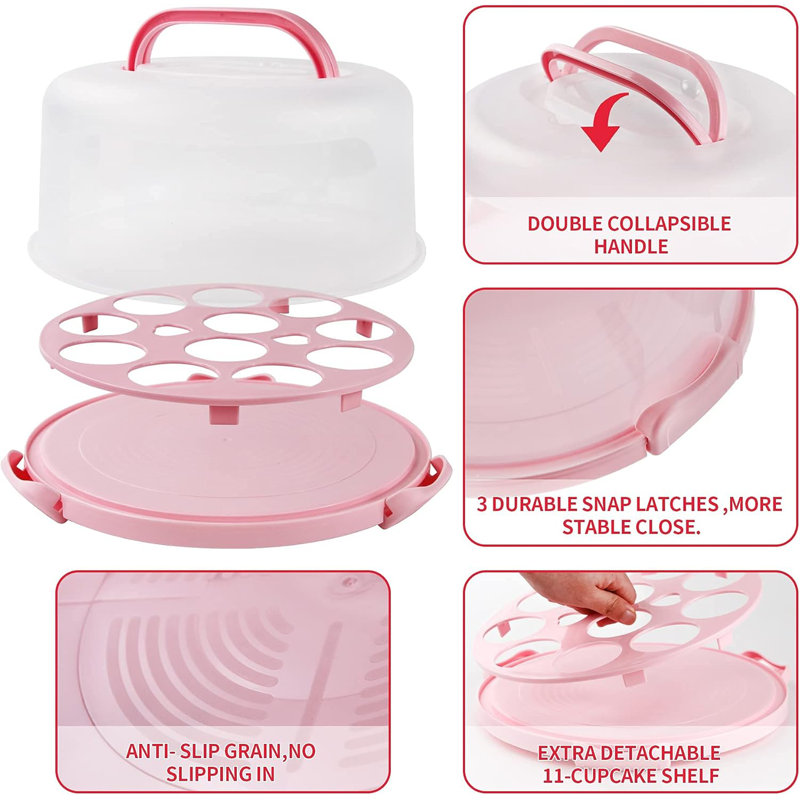 Portable Cake Carrier with Handle, Round Cupcake Holder with Lid, Pink