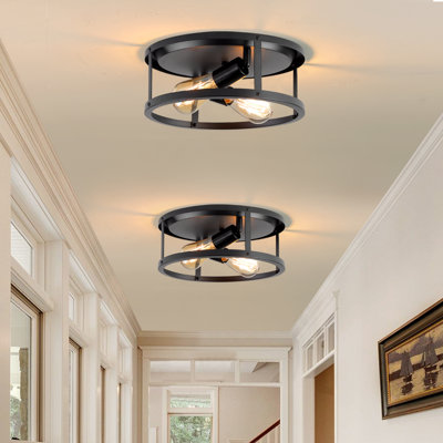 2-lights Black Flush Mount Ceiling Light Fixtures With Cage-style Straight Metal Frame