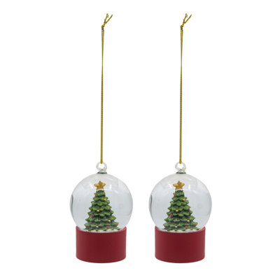 Globe d'eau en résine et en verre avec arbre et base rouge, ensemble de deux, parfait pour ajouter une touche de nature à votre décor