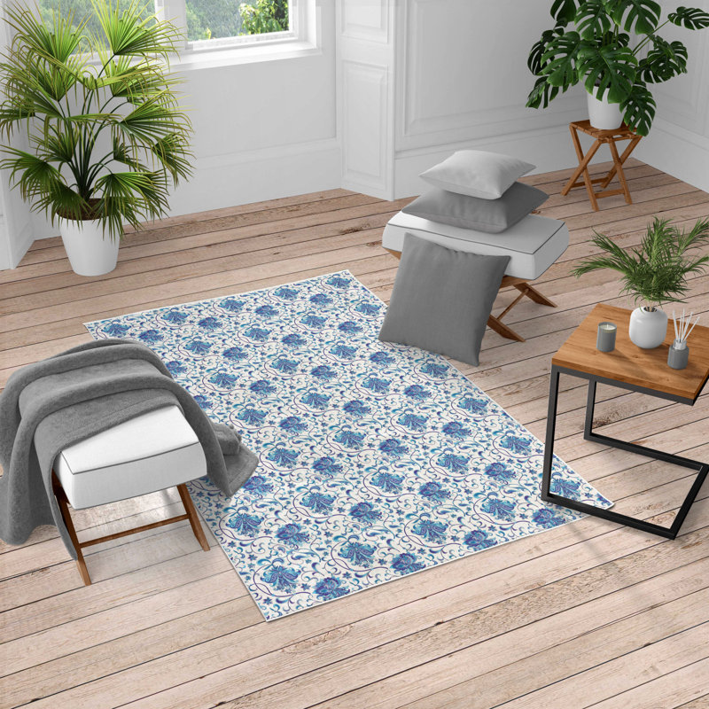 Tapis bleu / blanc tissé à la machine, Rectangle 5 pi 2 po x 7 pi 6 po