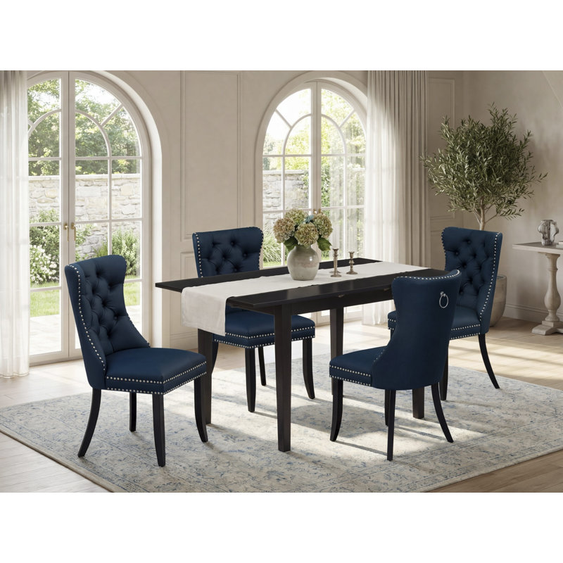 5 Piece Dining Table Set Contains a Rectangle Wooden Table with Butterfly Leaf and 4 Polyester Fabric Upholstered Chairs, Black