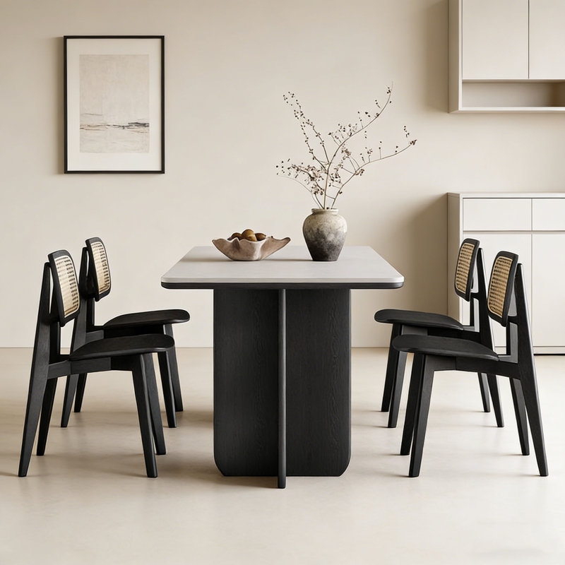 Table ronde noire en pierre frittée et chêne noir, 29.5" H x 55.1" W x 31.5" D, 7 pièces : table, 6 chaises