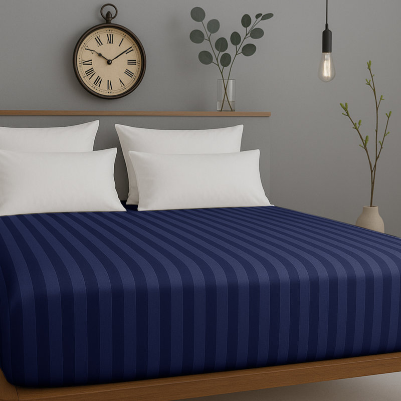 Microfiber Stripe Fitted Sheet – Soft, Durable, and Wrinkle-Free, Super King (6'), Navy