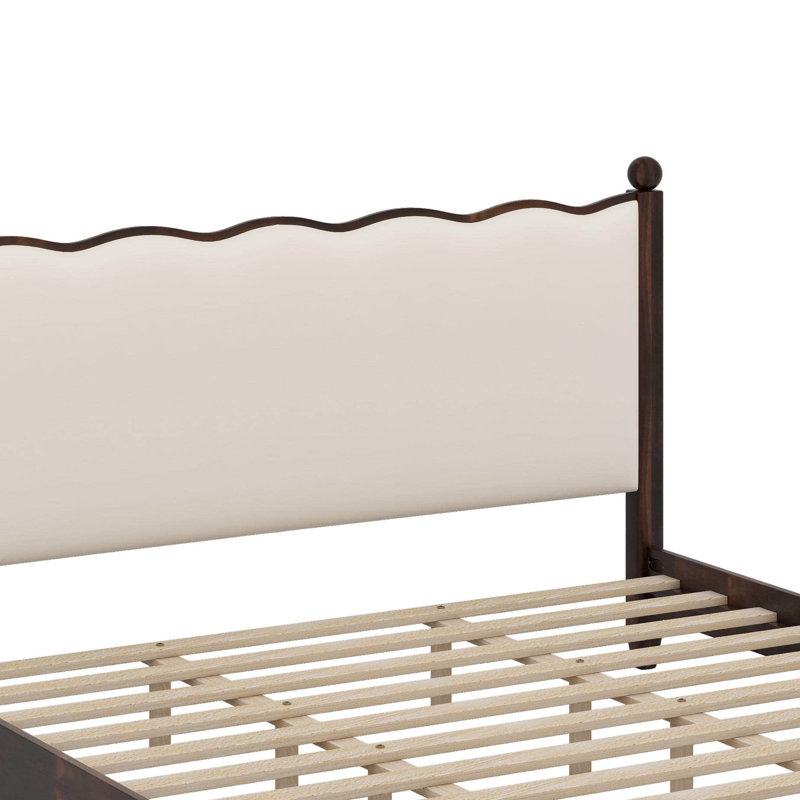 Wood Platform Bed With Upholstered Headboard, Très grand lit, Espresso/Beige