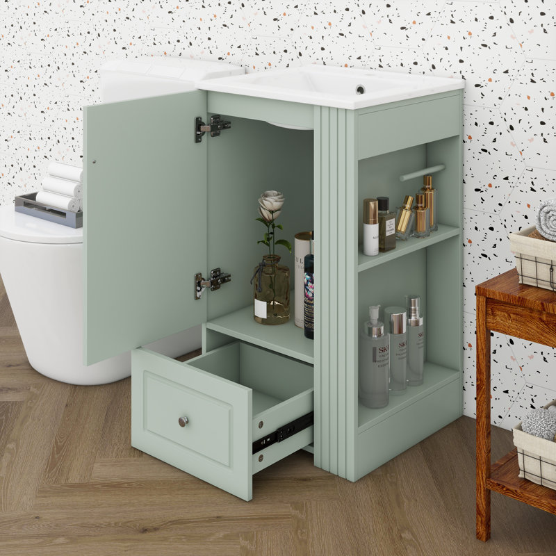 Meuble-lavabo en bois 20 po avec lavabo, armoire autoportante, tiroir à fermeture en douceur, tablettes latérales ouvertes avec barre à serviettes en bois de pin
