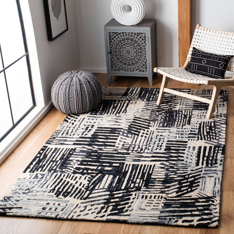 Tapis abstrait en laine / coton touffeté à la main en noir / noir Nouran Drive, Rectangle 8 pi x 10 pi