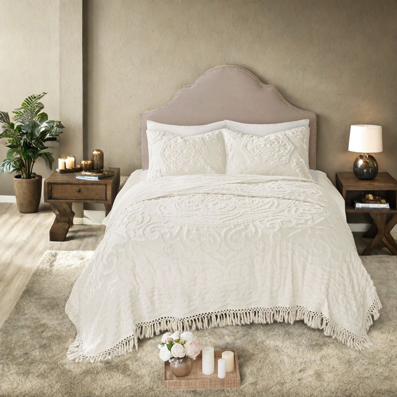 Elegant Cotton Bedding Set, Tufted Chenille Design, Boho Style For Any Season