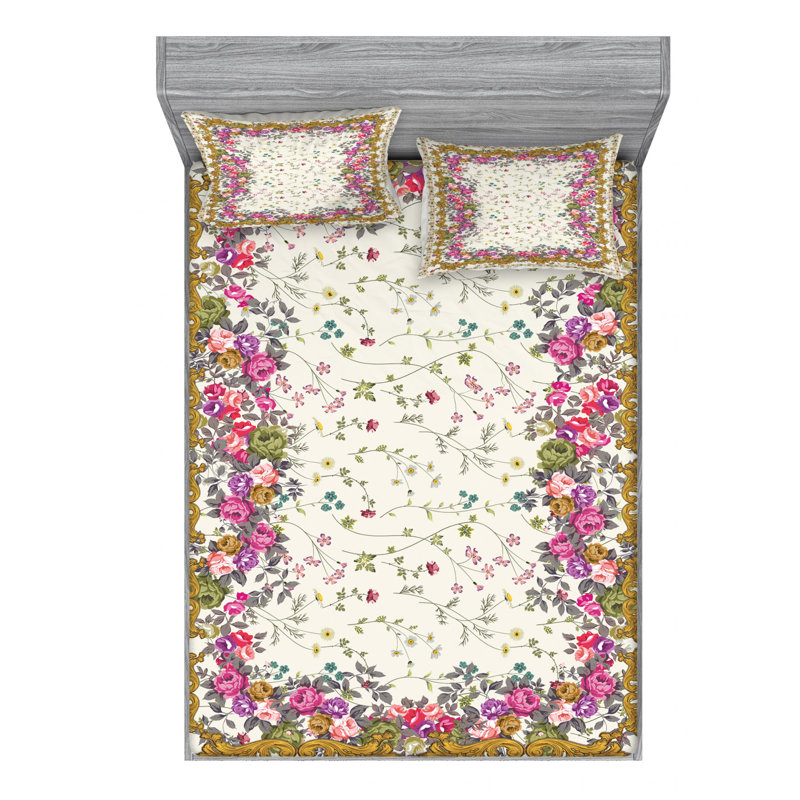 Microfiber Floral Sheet Set, Full Sheet Set with Fitted Sheet and 2 Pillowcases