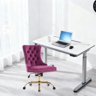 Chaise de bureau, chaise de bureau moderne capitonnée en velours capitonné avec base en métal doré, chaise de bureau pivotante réglable