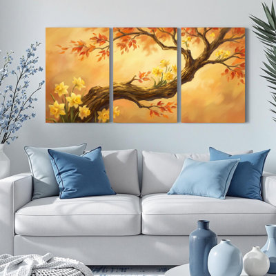 Arbre d'automne avec fleurs jaunes, reproduction d'art sur toile tendue sur toile, ensemble de 3