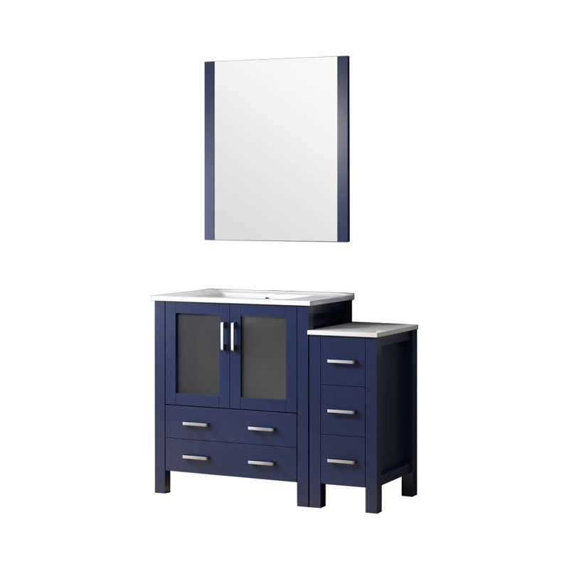 Volez 48 in W x 18.25 in D Single Bath Vanity with Side Cabinet, White Ceramic Top and 34 in Mirror, Navy Blue