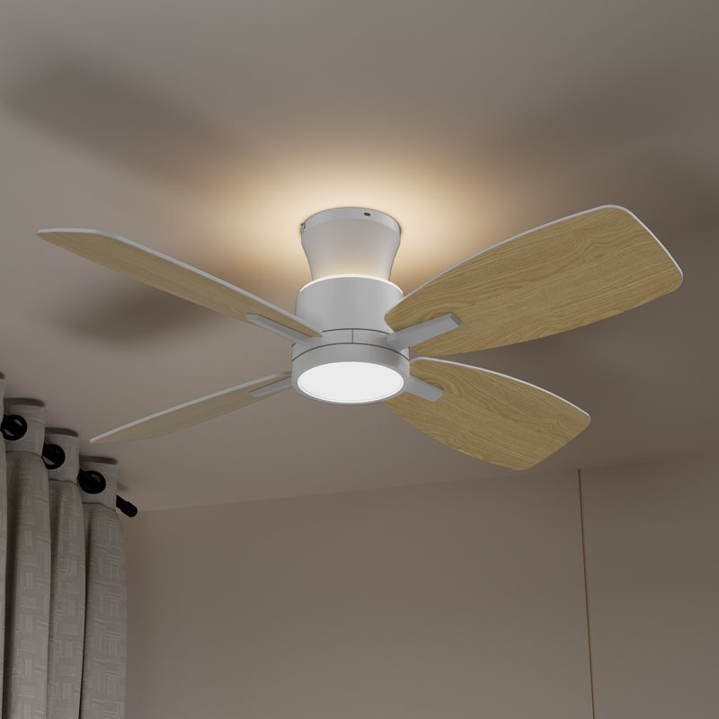 Ventilateur de plafond 42 pouces avec lumière et télécommande, Blanc avec pales en bois beige
