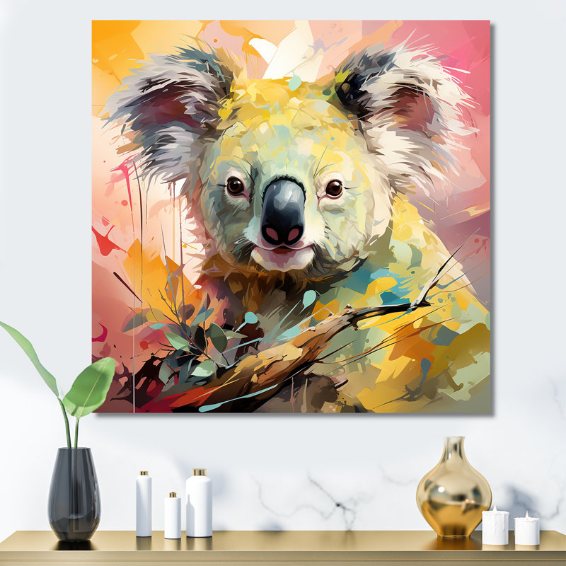 Floral koala rose - art mural animal koala, Toile tendue, H 36 po x l 36 po x P 1,5 po