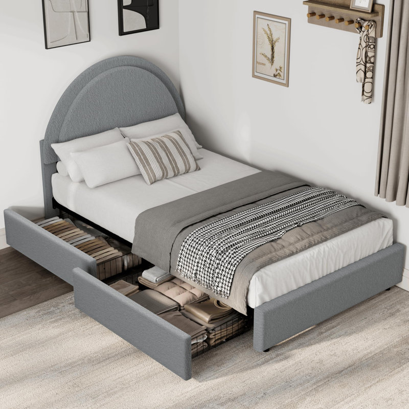 Structure de lit tapissier moderne avec 2 tiroirs de rangement Modern - Boucle, Gris, Lit simple