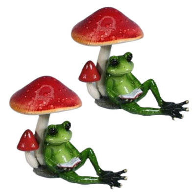 "2-PC Set" ICE ARMOR 5"W Frog Reading under Mushroom Figurine Statue Sculpture Ornament Decoration Home/Room Decor and Perfect Gift Ideas for Housewarming, Holidays and Birthdays Great Collectible Addition