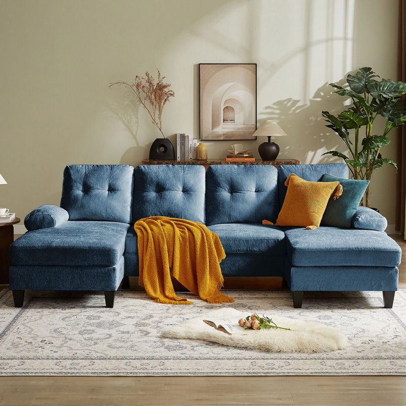Canapé modulaire en U 105 po avec méridienne double 105 po, Chenille bleu