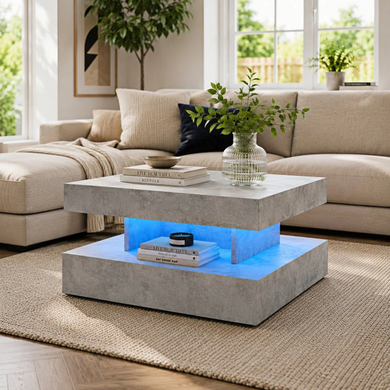 Charvez Modern Square High-Gloss LED Coffee Table with Storage, Grey, 40cm H x 78cm W x 78cm D
