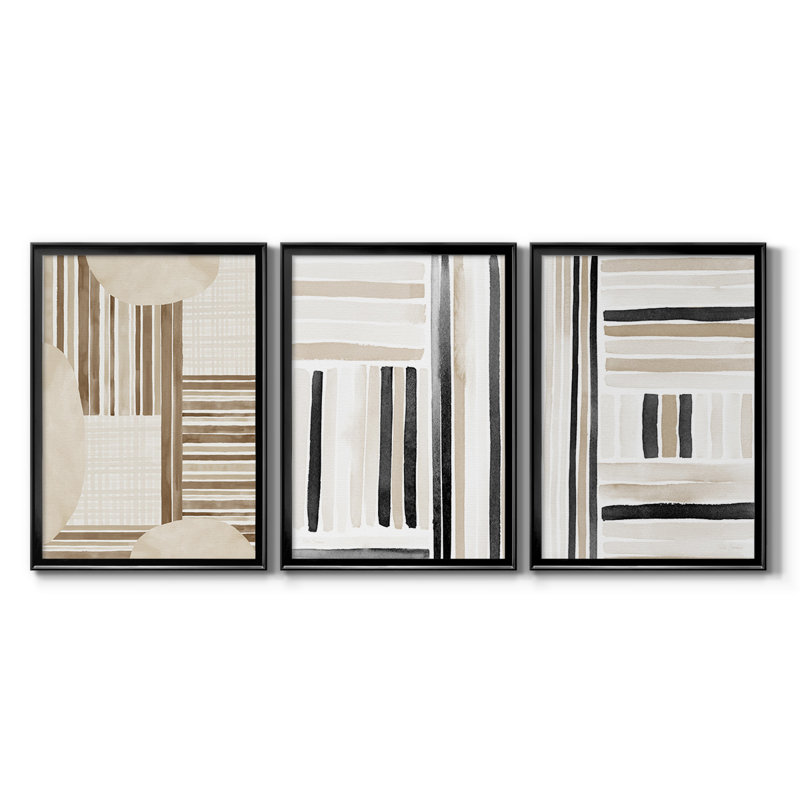 Neutral Stripes  -Custom Framed  Wrapped Gallery Canvas - 3 Pieces, 27" H x 57" W, Black