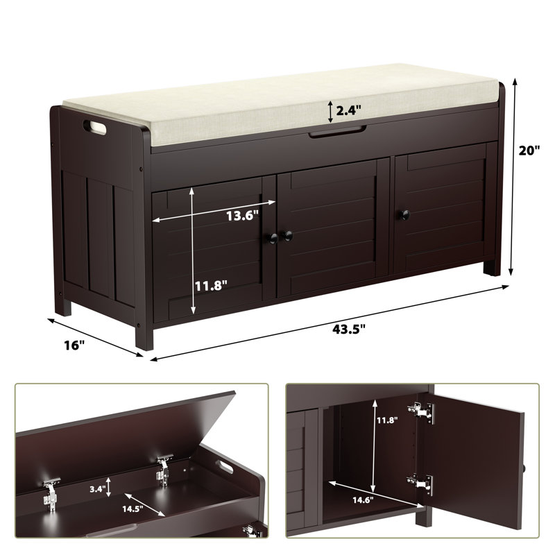 43.5" Entryway Bench with Hidden Shoe Storage and Cushion, Espresso