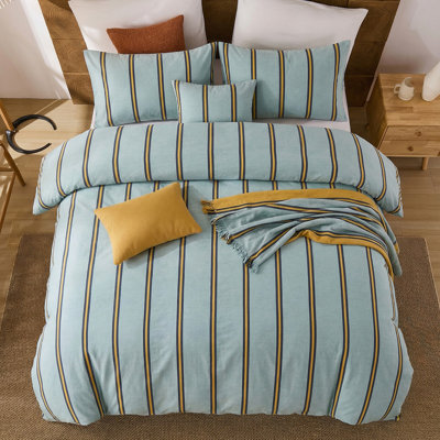 Green & Orange Striped Duvet Cover Set King Size, 100% Cotton Bedding Set with Zipper Closure & 8 Corner Ties, Luxury Linen Like Bedding, Soft Breathable Comforter Cover for All Seasons