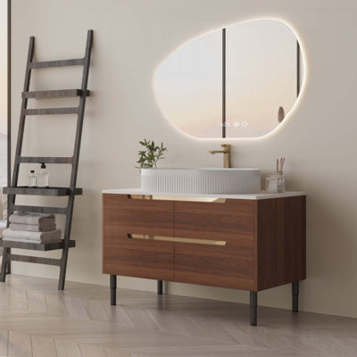 Meuble-lavabo flottant / autoportant 36 po 2 en 1 - Bois d'ingénierie imperméable, lavabo en céramique intégré, 4 tiroirs à fermeture en douceur, pieds en métal réglables