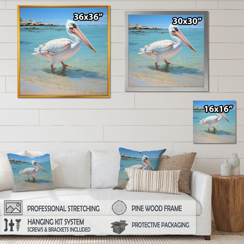 Art tropical sur toile de pélican tropical, H 36 po x l 36 po x P 1,5 po, Cadre flottant noir