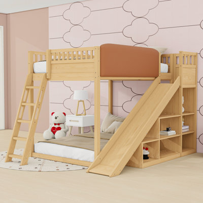 Loft Bed With Storage Shelves, Ladder, Guardrails And Built-In Slide