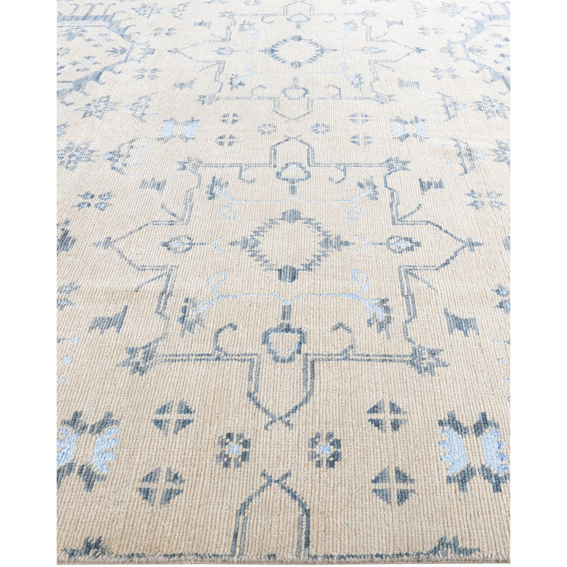 Beige and Blue Hand-Knotted Wool Silk 8' x 10' Area Rug