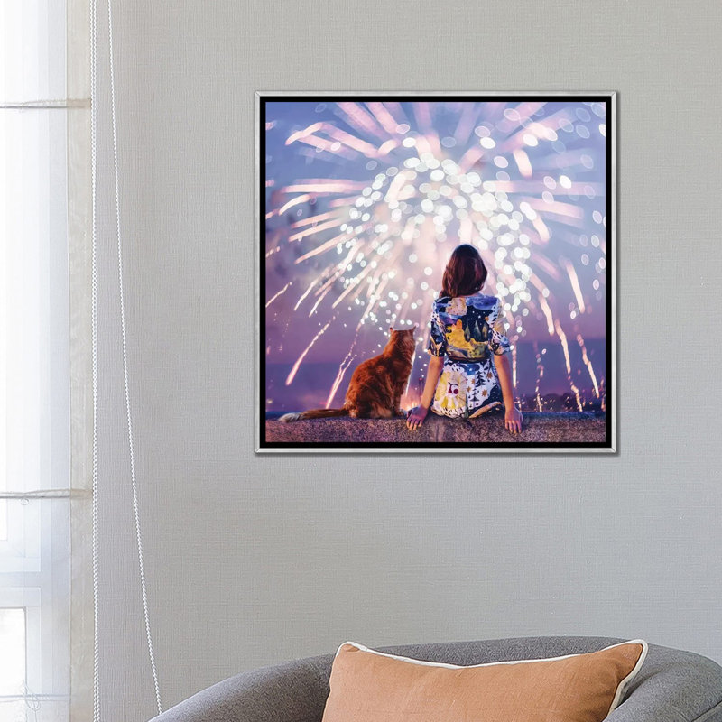 Nuit. Magie. Feux d’artifice de Hobopeeba-impression, H 26 po x l 26 po x P 1,5 po, Pas de tapis, Toile avec cadre argenté
