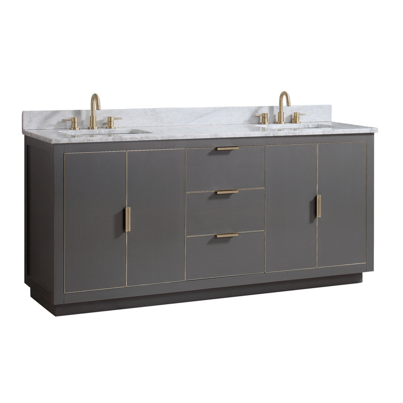 Ensemble de meuble-lavabo double 73 po Salise, Marbre blanc de Carrare / argent, Gris crépuscule